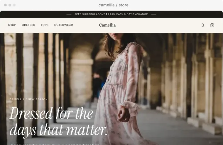 The Camellia store design for womenswear, with tall photos and a serif heading.