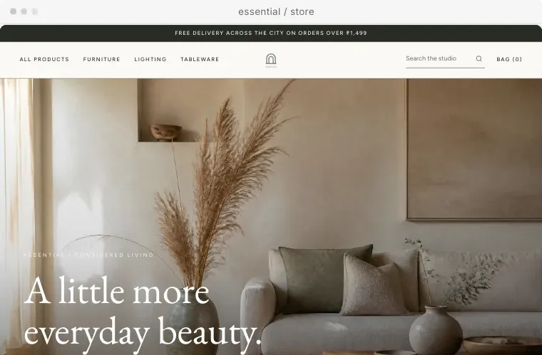 The Essential store design for home and living, with a calm living room photo.