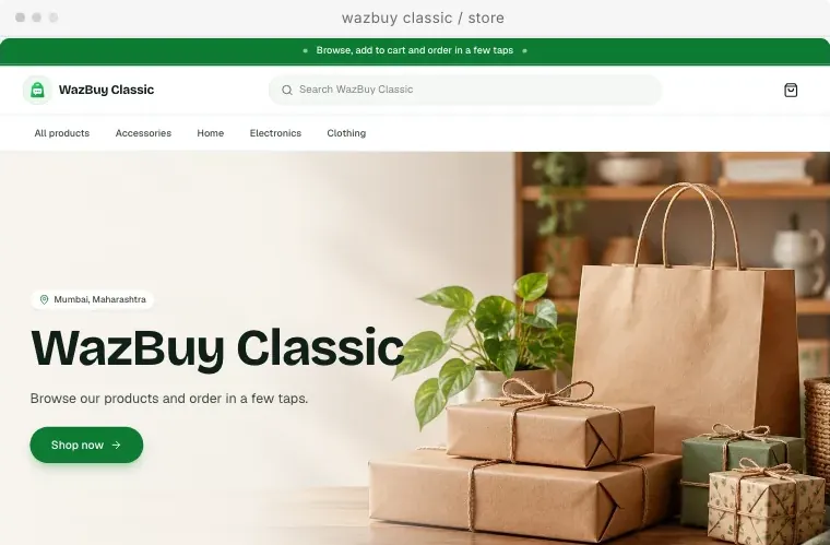 The WazBuy Classic store design, with a large heading, a search bar and a Shop now button.