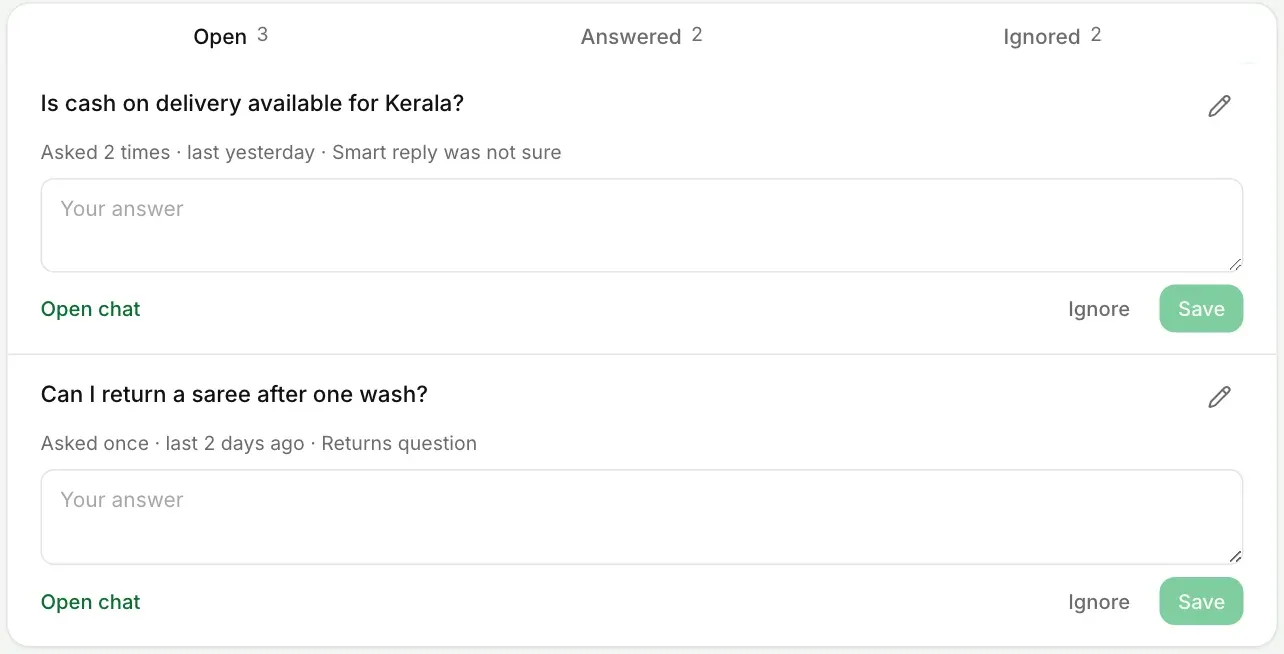 The Help the bot page in WazBuy, listing buyer questions the bot could not answer, such as cash on delivery for Kerala and returns after one wash, each with a box to type your answer.