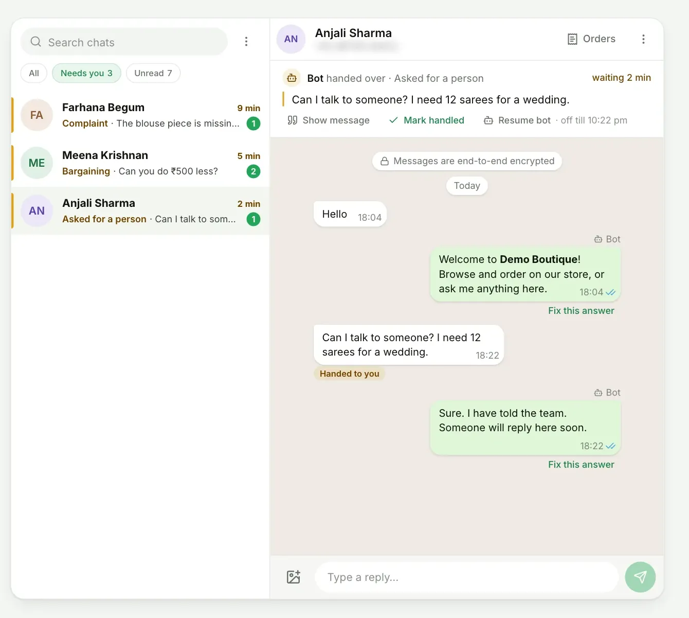 The WazBuy inbox with the Needs you filter on. Three chats are listed with reasons: Complaint, Bargaining and Asked for a person. The open chat shows the bot's handover note at the top.