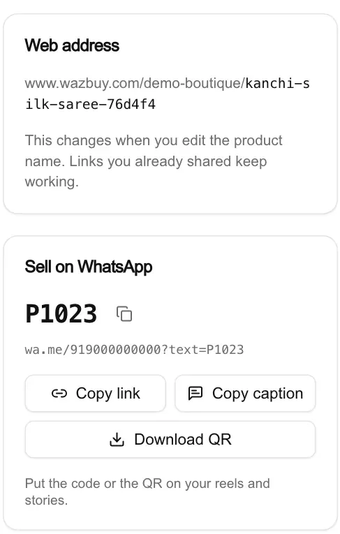 The side panel of a product in WazBuy: the product's web address on wazbuy.com, and the Sell on WhatsApp card with the code P1023, Copy link, Copy caption and Download QR.