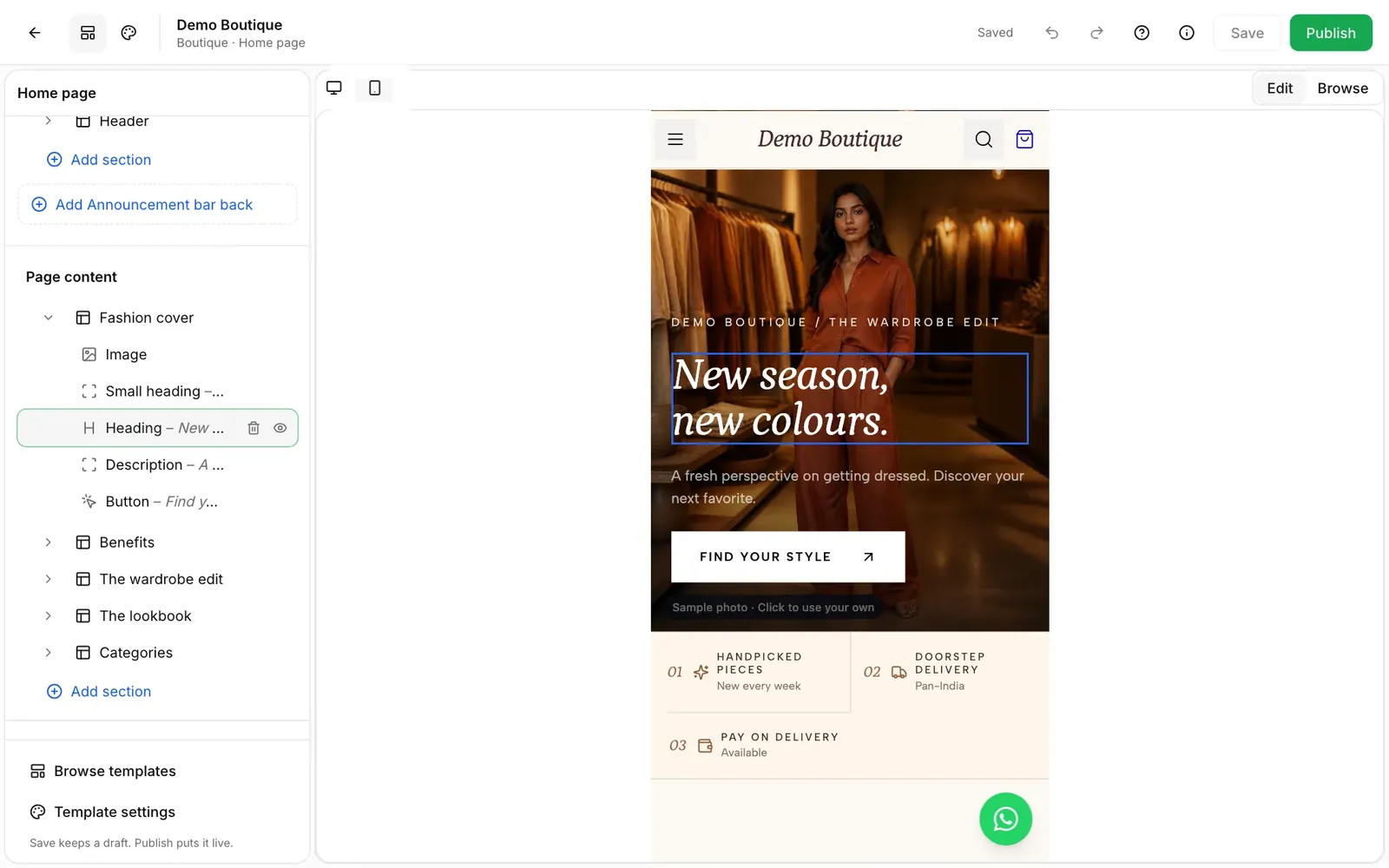 The WazBuy store editor in phone view. The left panel lists the page sections. The heading New season, new colours is selected on the store preview.
