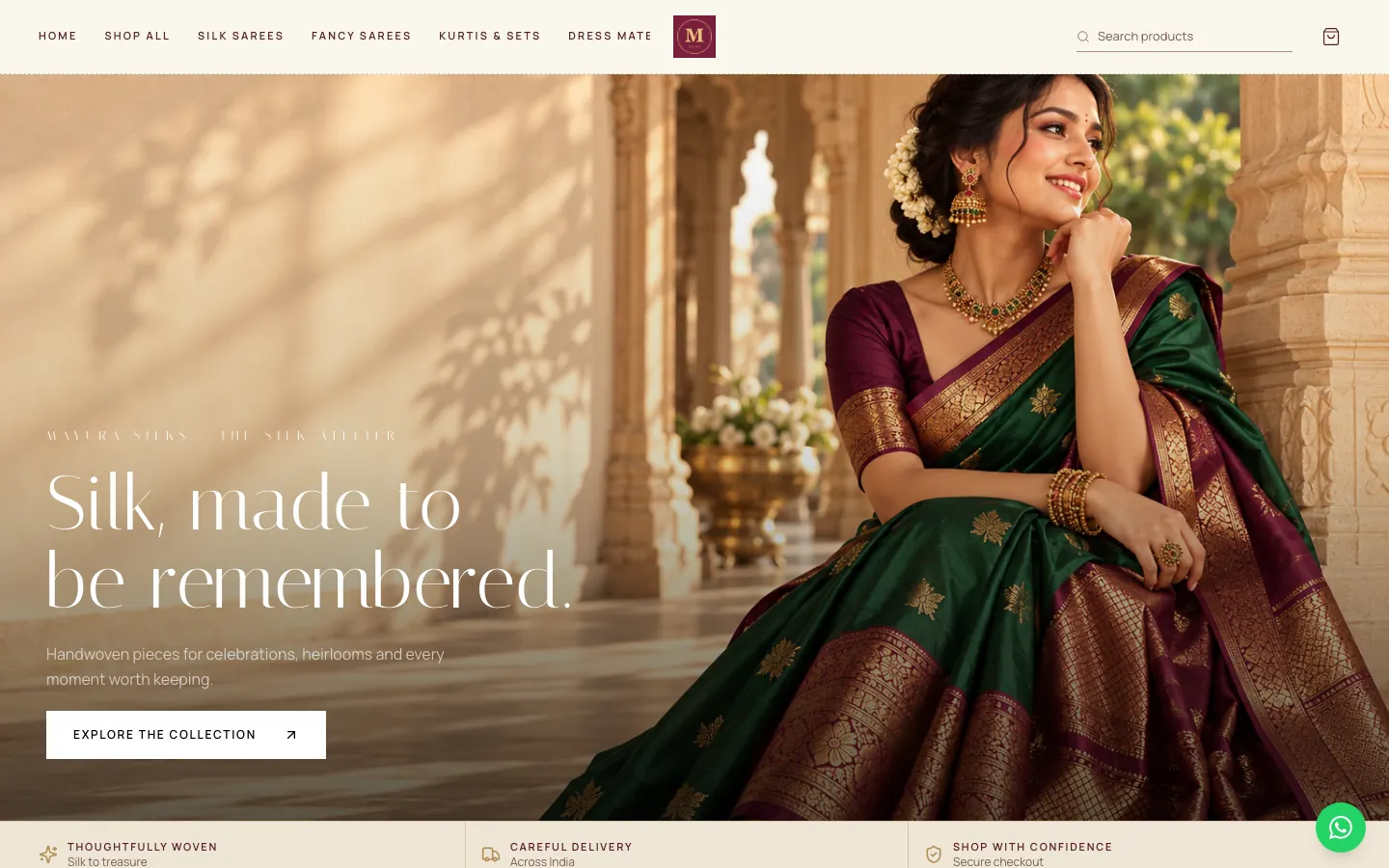The home page of a WazBuy test store using the Varnam design, with a large photo of a woman in a green silk saree and the heading Silk, made to be remembered.