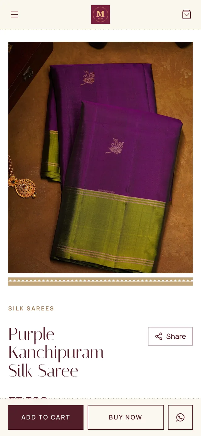 A product page of the test store on a phone: a purple Kanchipuram silk saree with Add to cart, Buy now and WhatsApp buttons.