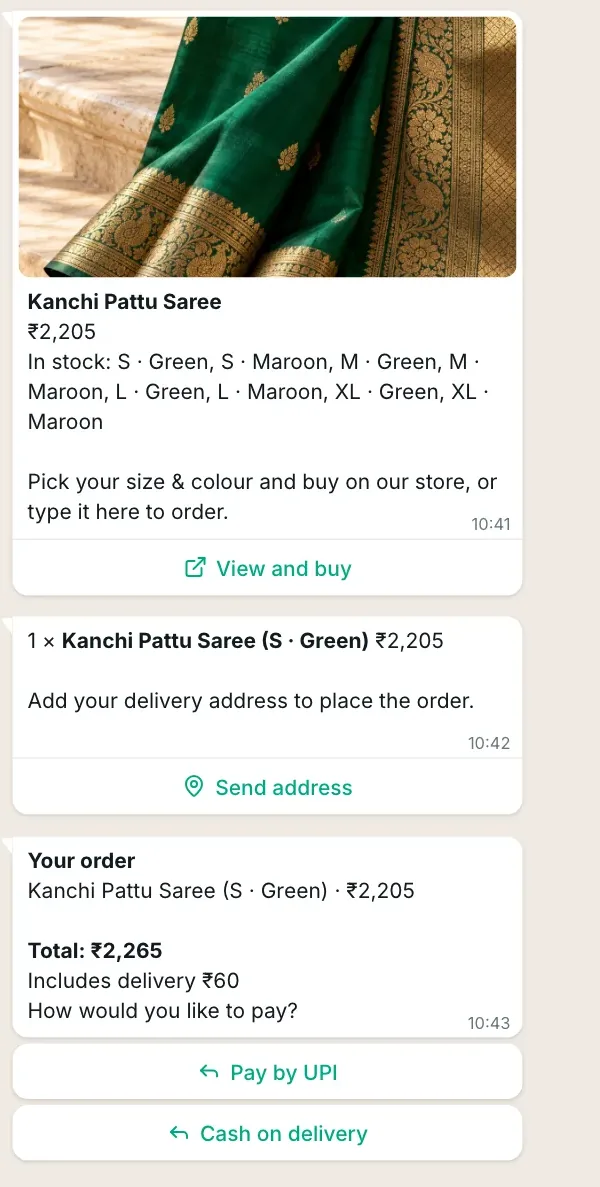 WhatsApp messages from the WazBuy bot: a product card for a Kanchi Pattu Saree with its price and sizes in stock, a request for the delivery address, and the order total with Pay by UPI and Cash on delivery buttons.