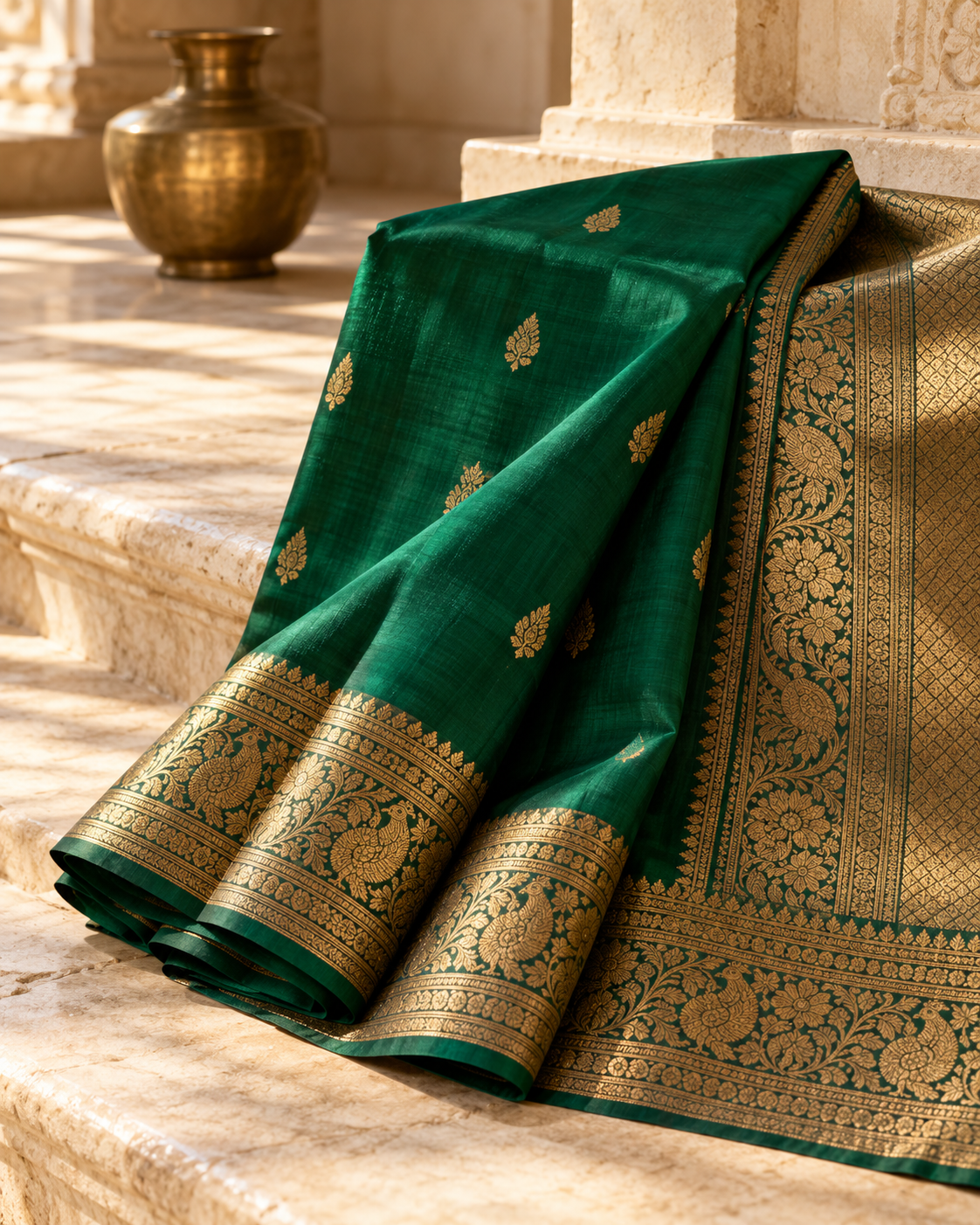 Emerald silk saree with an antique gold woven border