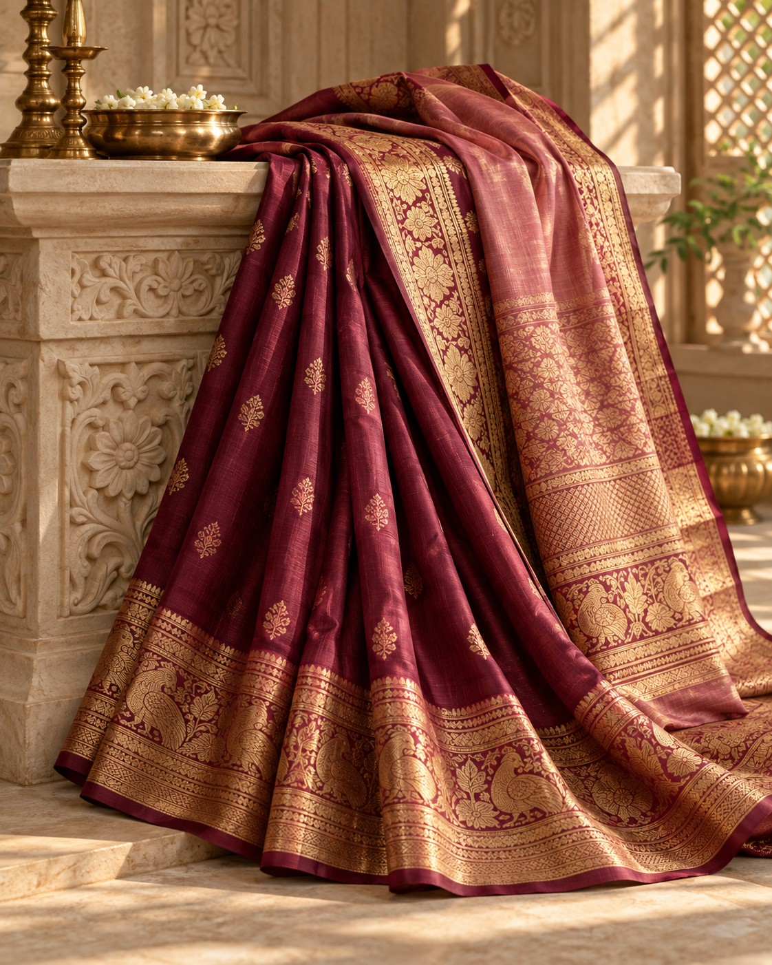 Wine silk saree with a zari pallu