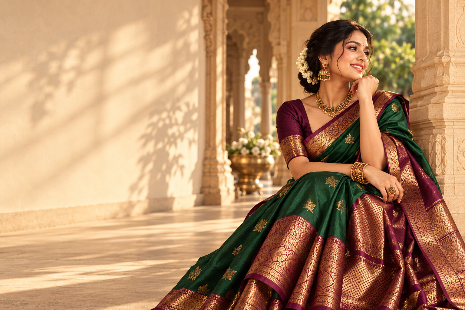 Woman wearing an emerald handwoven silk saree in a sunlit heritage courtyard